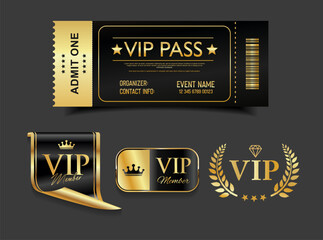 VIP Pass Ticket  Luxury Black and Gold Cinema Style Invitation or Event Access Badge