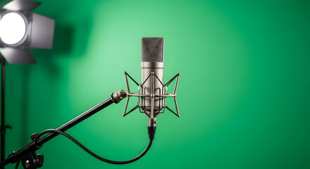 Professional Microphone Setup for Recording and Broadcasting on Green Screen Backdrop