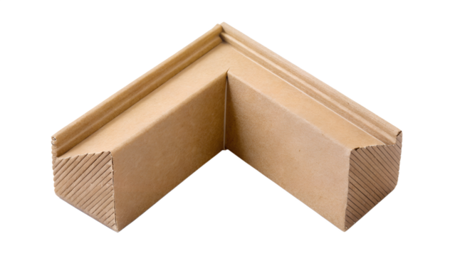 A closeup view of a wooden corner piece, isolated on a white background