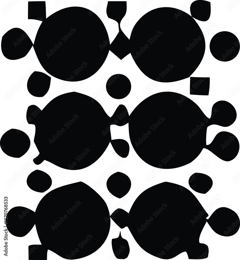 Poster abstract black and white geometric pattern featuring interconnected circles ovals and squares arrang