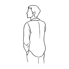 man standing in shirt with hands in pockets faceless portrait, back view in profile - hand drawn line art