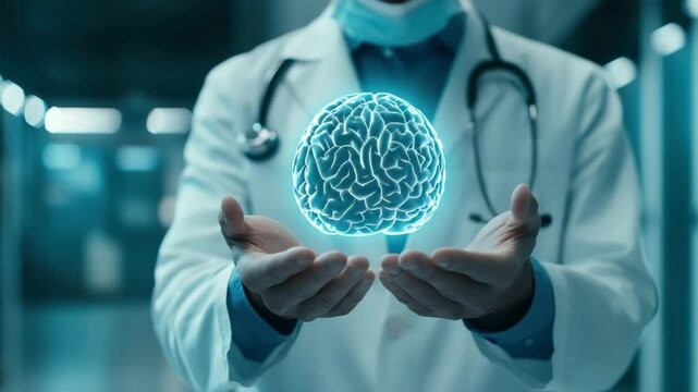 Doctor holding glowing brain hologram with stethoscope in hands, showcasing futuristic medical technology and healthcare innovation in neurology, professional white coat expert concept - Powered by Adobe