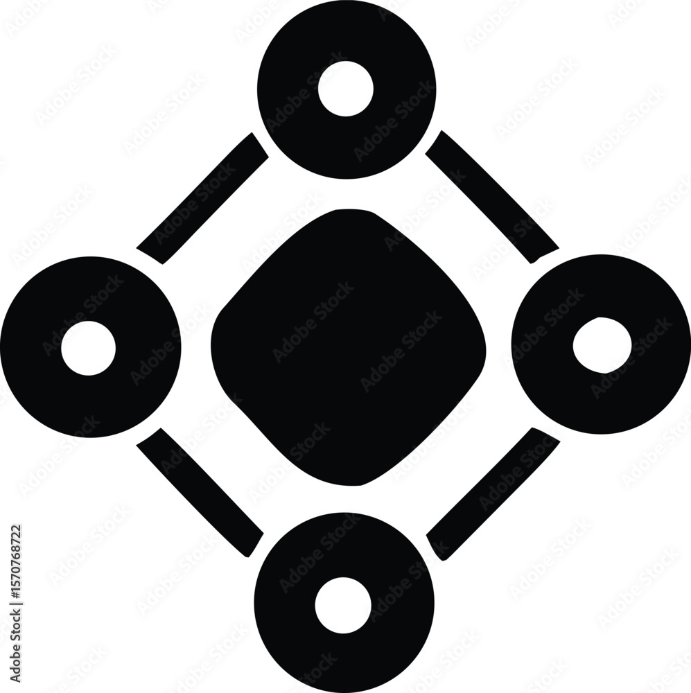 Poster abstract geometric symbol representing interconnected nodes and a central core element conveying a s