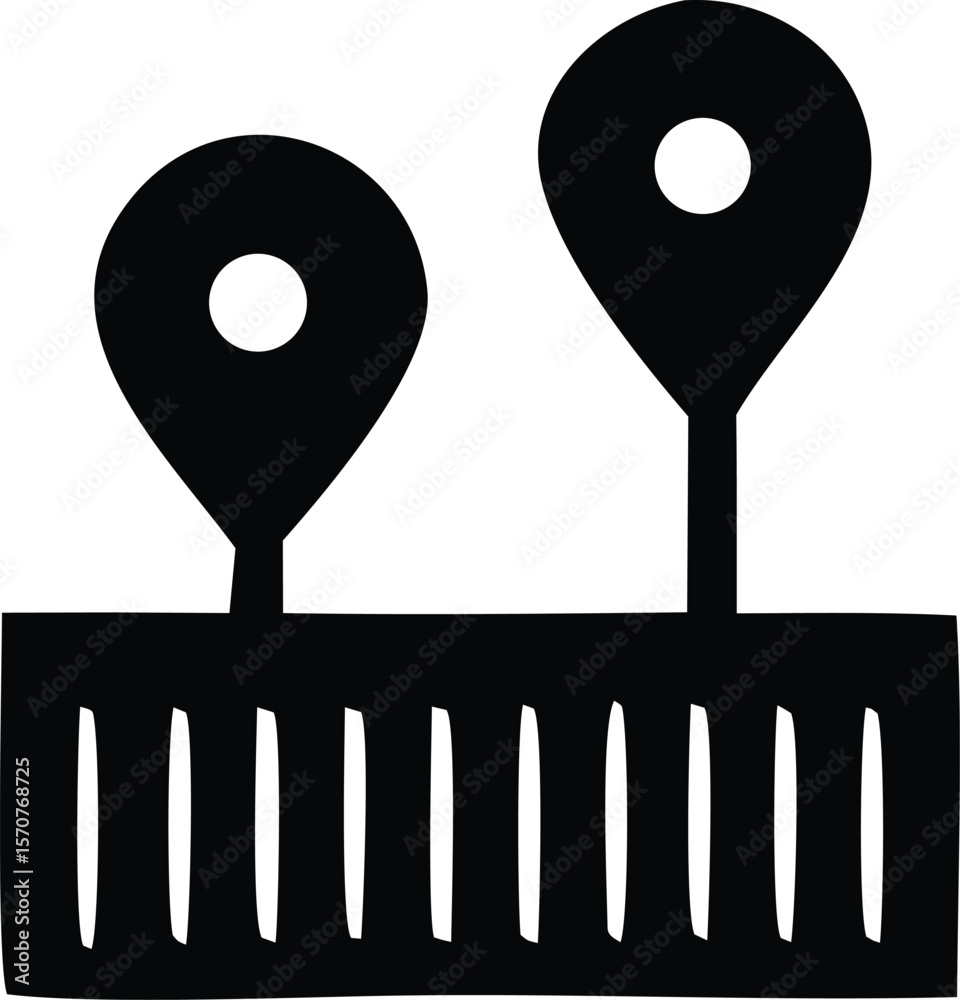 Poster two black location pins with white circles stand on a textured black bar representing a map or route