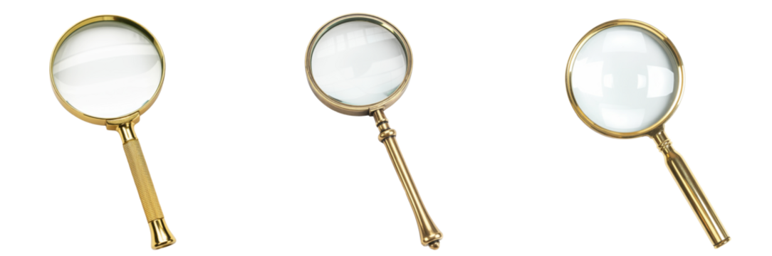 golden magnifying glasses on white background
