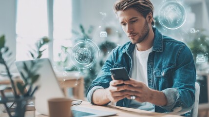 The engaged man using a smartphone in a modern workspace with digital elements.