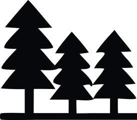 Fototapeta premium Stylized silhouette of three black fir trees standing tall on a horizontal line against a white background