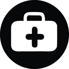 Obraz premium Simple black circle icon featuring a white stylized first aid kit with a prominent red cross symbol representing medical care and emergency services