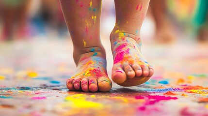 Colorful feet stepping on a vibrant powder-covered surface.
