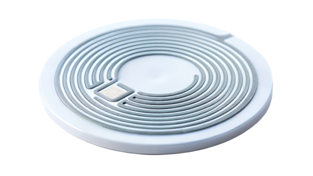 Closeup view of a wireless charging coil isolated on a white background