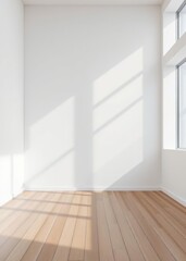 Fototapeta premium Empty wall mockup empty room with a white wall and wood floor 3d illustration Empty room interior design architecture blank design room striking structures clean lines geometric shapes drama