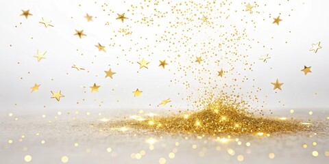 Golden stars and sparkles falling on light background creating magical atmosphere