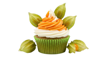 Orange and white frosted cupcake with physalis isolated on a transparent background