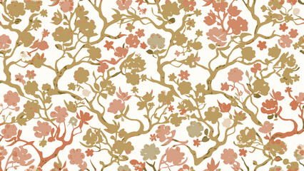 Floral pattern featuring branches and blossoms in shades of pink, olive, and cream on a white background