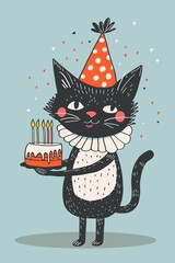 Cute black cat in a party hat holding a small birthday cake with lit candles. Celebration concept for greeting card.