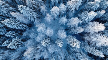 Aerial view of a snow-covered coniferous forest, exhibiting a radial pattern from a central clearing.  The image showcases the uniform, frosty trees under a winter sky