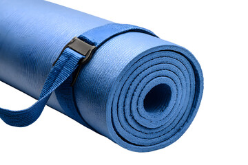 Rolled blue yoga mat with strap, isolated on a transparent background, fitness