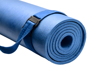 Rolled blue yoga mat with strap, isolated on a transparent background, fitness