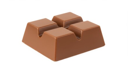 Close-up of smooth milk chocolate bar with four segments isolated on white background