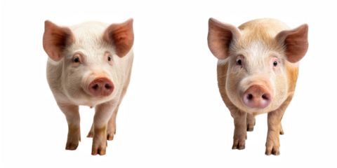 Two adorable piglets standing side by side against a black background looking at the viewer