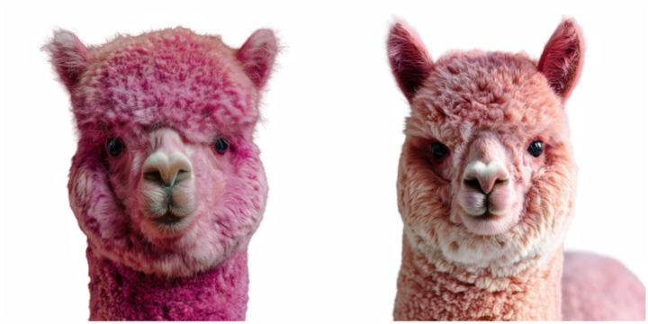 Two alpacas with pink and peach colored fur standing side by side against black background