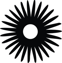 A stylized black sunburst or starburst graphic with a central white circle against a plain white background