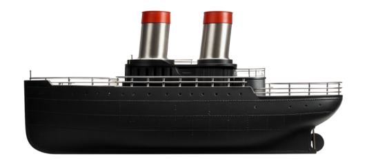 Classic steamship with twin funnels and riveted steel hull