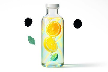 Creative lemon lime splash inside tall bottle with fruit and leaf accents on white minimal background