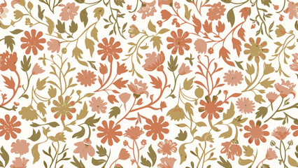 Floral pattern with a variety of flowers and leaves in shades of orange, pink, and olive green on white