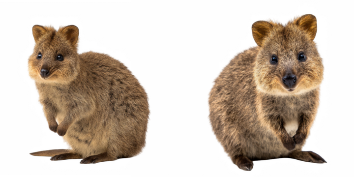 Two quokkas standing side by side against a black background in a studio setting view