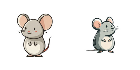 Two cartoon mice with grey fur and pink ears standing on a black background isolated