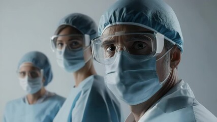 Medical healthcare surgeon team wearing protective gear face mask goggles surgical cap hospital doctor nurse focused on sterile environment health safety close up face protection uniform - Powered by Adobe