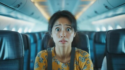 Anxious woman seated in airplane cabin showing fear and nervousness during travel passenger journey interior seat expression emotion stress worry flight tourism transport