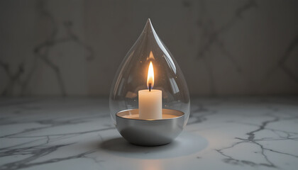 A candle is lit inside a clear glass teardrop holder on a marble surface creating a soft light glow