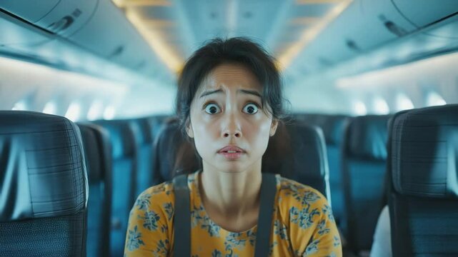 Anxious woman seated in airplane cabin showing fear and nervousness during travel passenger journey interior seat expression emotion stress worry flight tourism transport