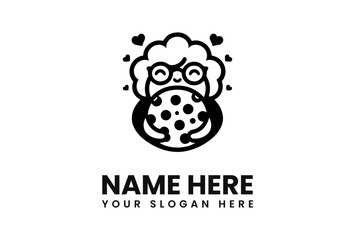 Cartoon grandma character holding a large cookie with love hearts, logo design.