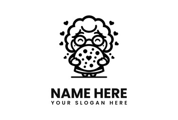 Cartoon grandma holding a cookie with hearts, in a logo design.