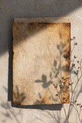 Aged paper with plant shadow and dried flowers on textured background, bathed in sunlight