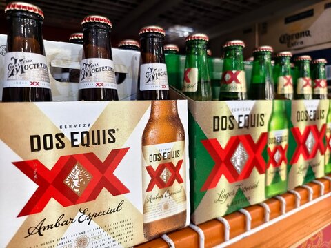 Dos Equis beverages displayed for sale at the supermarket