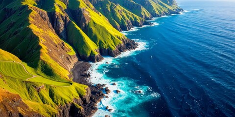 Green cliffs and blue ocean coastline with rocky beach, aerial view in sunlight. Great for travel campaigns, landscape posters, book covers, and environmental blogs.