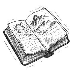 Open travel journal showcasing sketches of mountain landscapes  