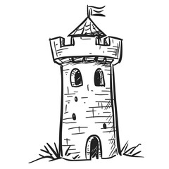Sketch of a castle tower with flag on top in a hand-drawn style  