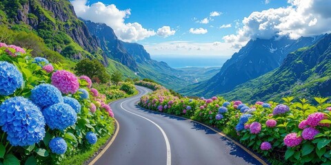 Mountain road lined with vibrant pink and blue hydrangeas, winding through green valleys to the sea. Great for travel ads, floral posters, eco campaigns, and more.