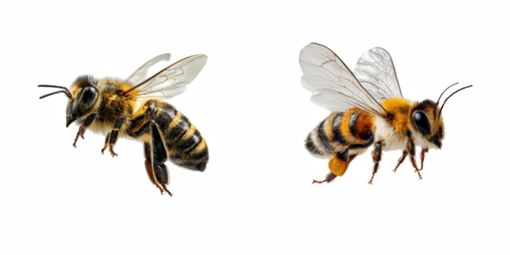 Two honey bees in flight against a black background showing wings and body details