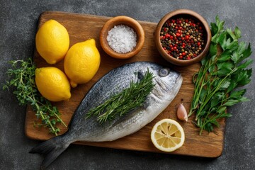 Whole fish with lemons spices and herbs on a wooden board