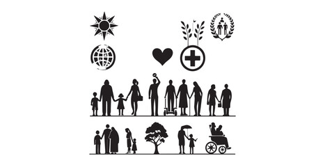 Collection of diverse human family and community symbols silhouette