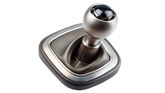 Closeup of a modern silver gear shift knob and manual transmission shifter isolated on transparent background
