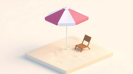 beach umbrella and chair on white sand, minimalist tropical holiday scene