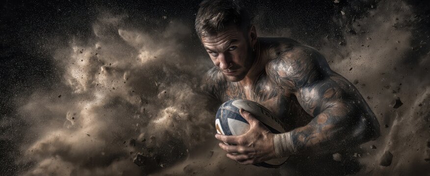 The rugby player charging through dust in a display of power and intensity.