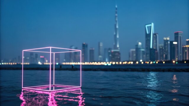 A glowing neon cube floats on the water with a blurred city skyline at dusk